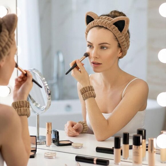 2 Pcs Cat Ears Headband Spa Headbands for Washing Face Khaki Beige Wristband - Picture 3 of 8